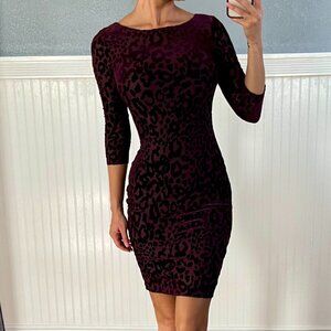 Cache Black Burgundy Velvet Leopard Burnout Fitted Long Sleeve Dress 0